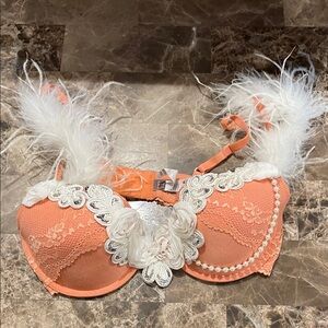 Elegant Orange and White Feathered Bra